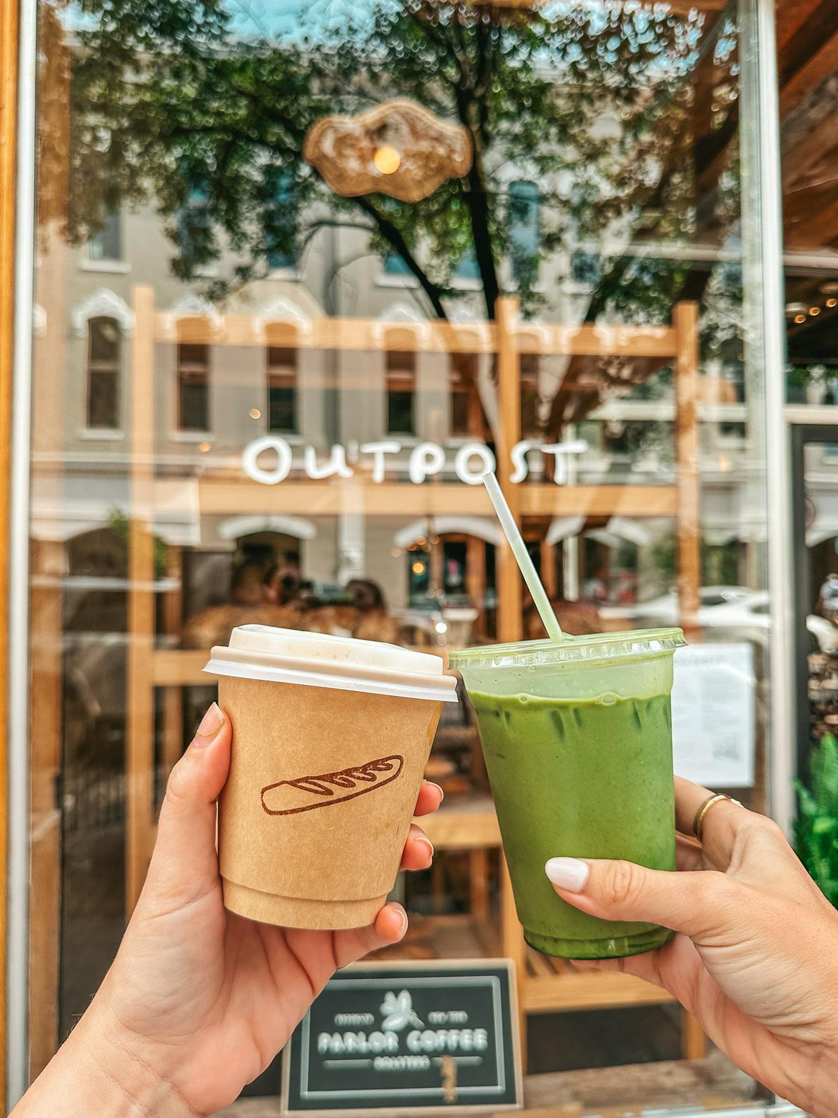 Cheers at Outpost coffee shop in Traverse City Michigan