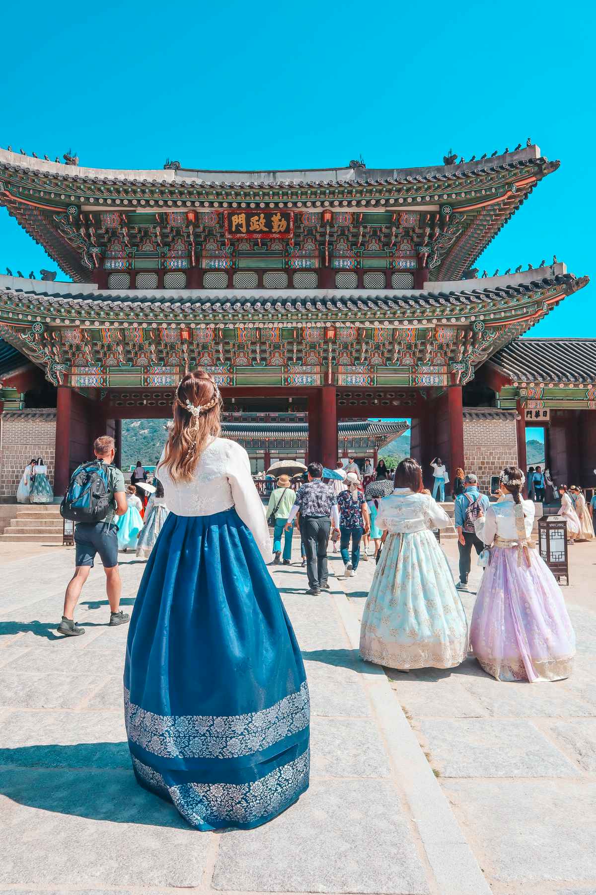 Wearing a hanbok at the Gyeongbokgung Palace in Seoul