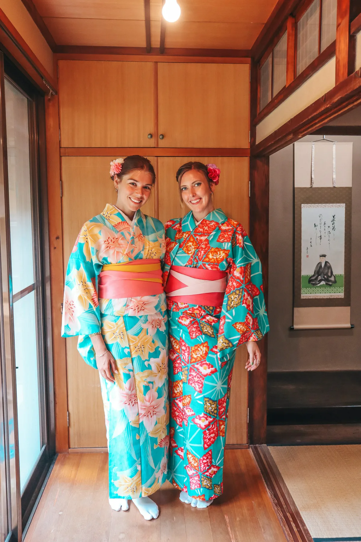 Best friends at traditional tea ceremony with kimono in Kyoto