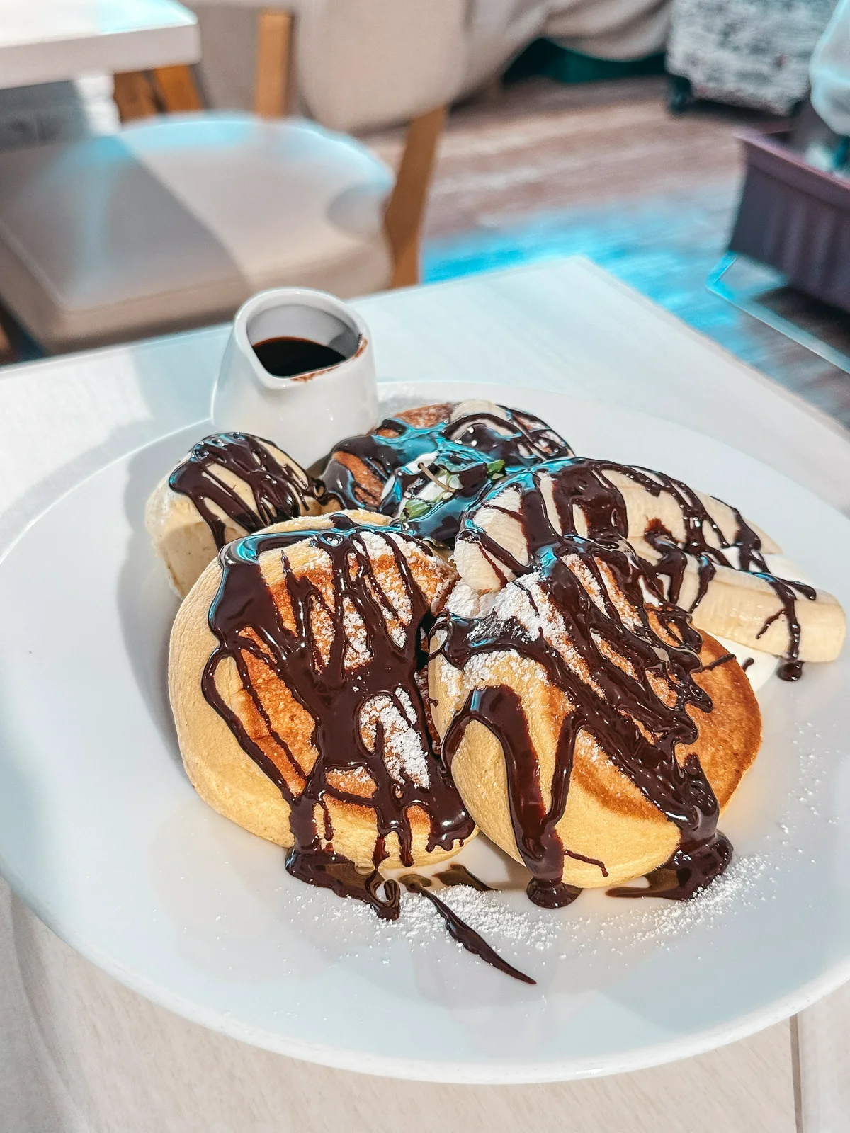 Chocolate drizzled fluffy pancakes in Tokyo