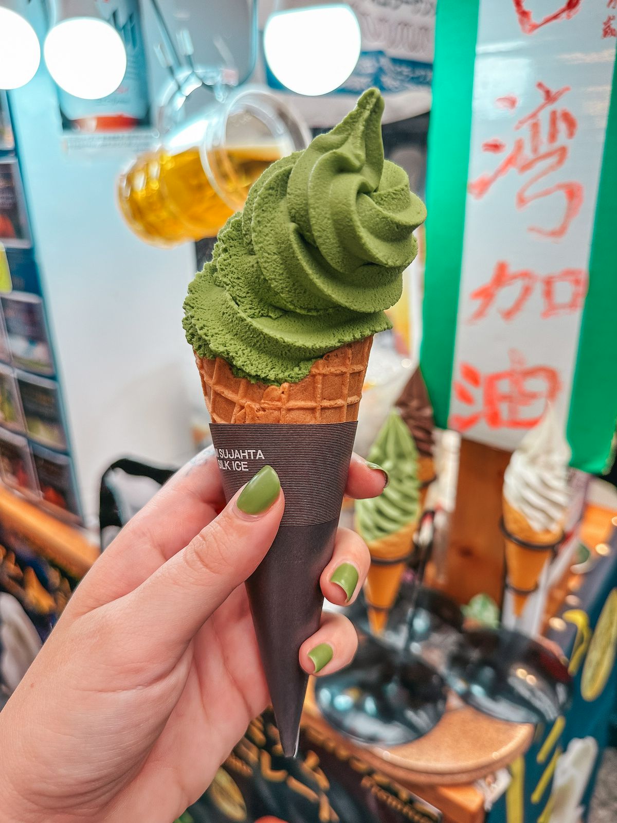 Matcha ice cream at Kuromon Ichiba Market in Osaka