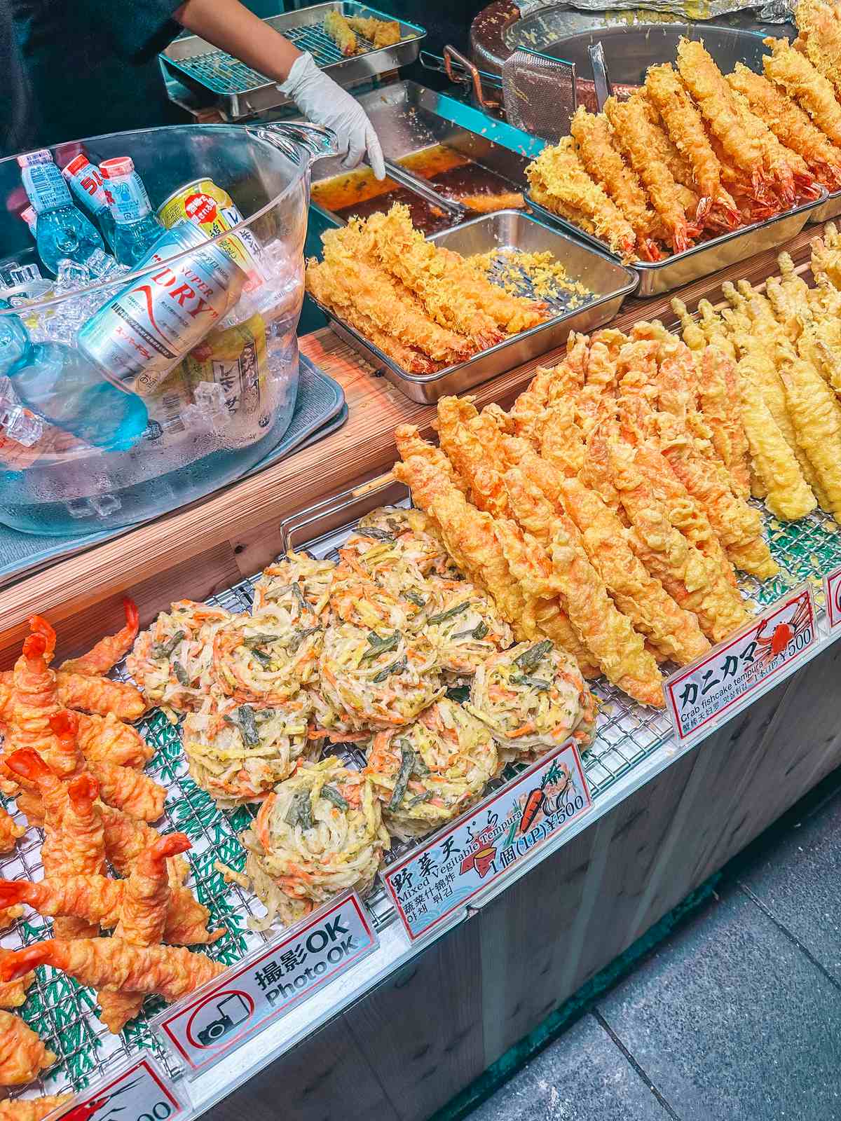 Tempura fried food at the Kuromon Market in Osaka