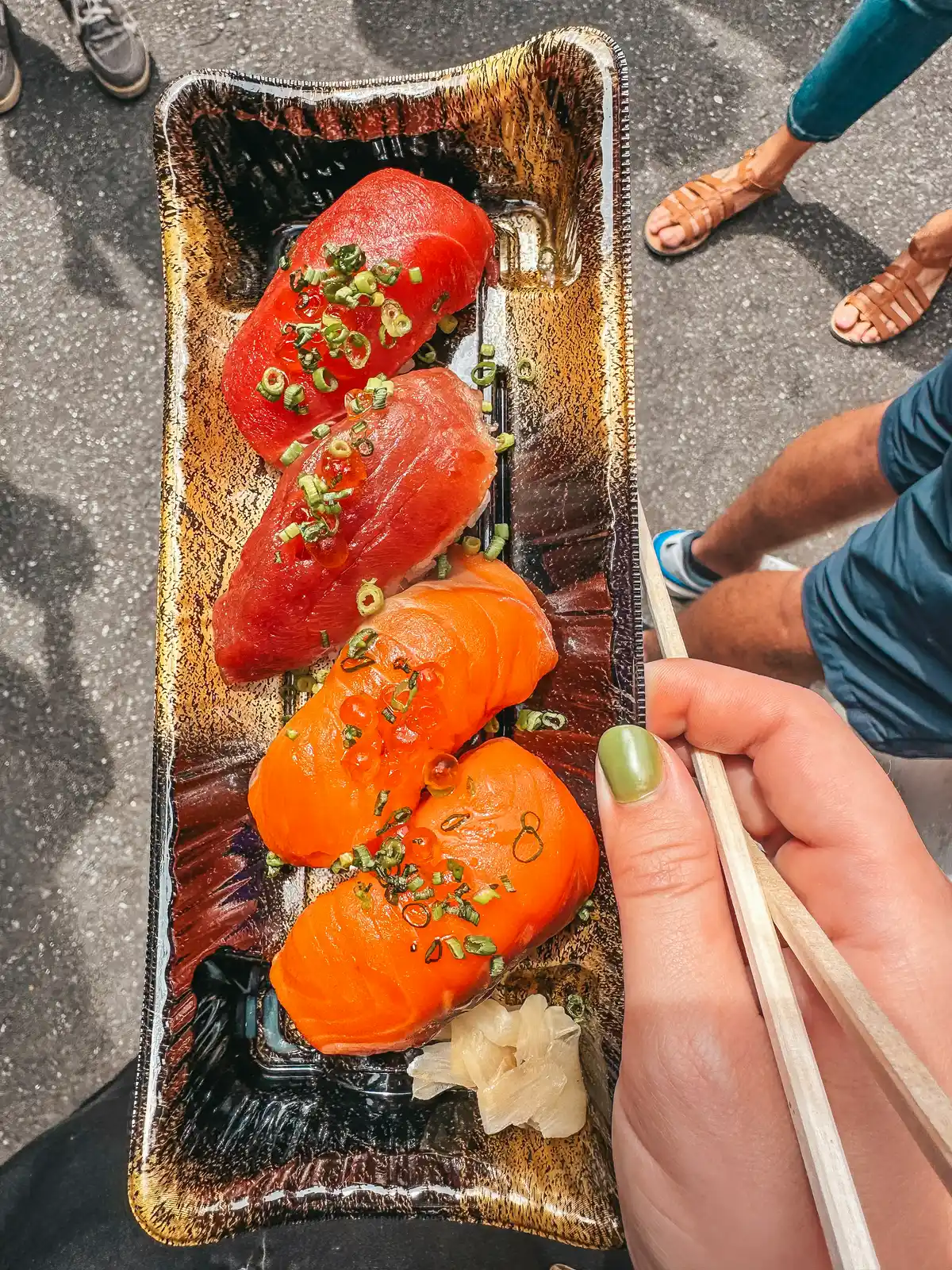 Tuna and salmon nigiri from the Tsukiji Fish Market in Tokyo