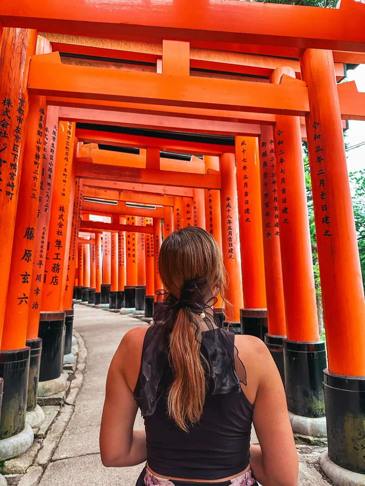 Walking through the tori gates at the Fushimi Inari Taisha Shrine in Kyoto