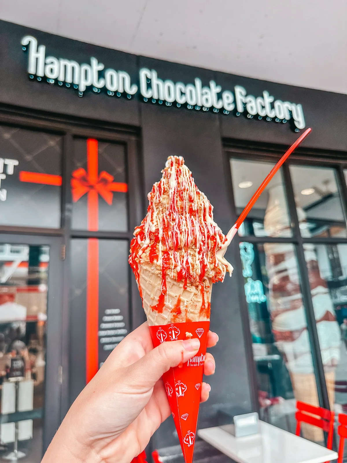 Strawberry shortcake ice cream cone from Hampton Chocolate Factory in Tampa